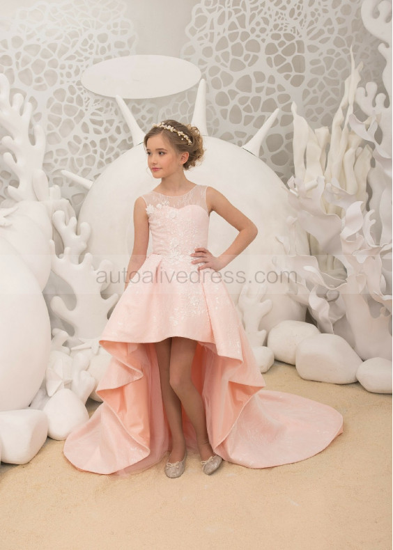 Ivory Lace High Low Pink Lining Flower Girl Dress